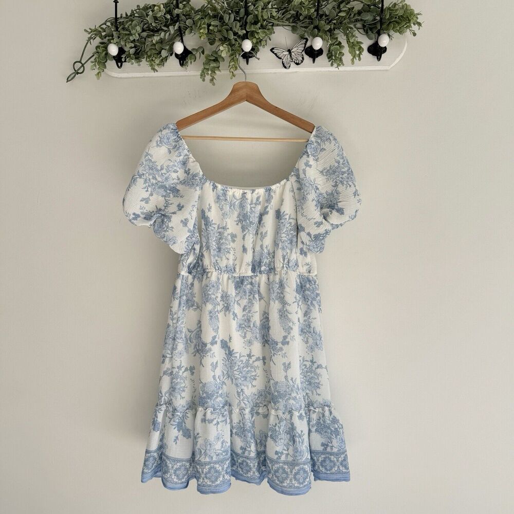 Blu Pepper Marie Blue Flor Dress Puff Sleeve Square Neck Romantic Whimsical - Picture 4 of 5